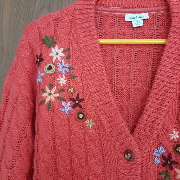 Sundance Hot Pink Floral Embroidered Cable Knit Cardigan Sweater Medium - Picture 3 of 8